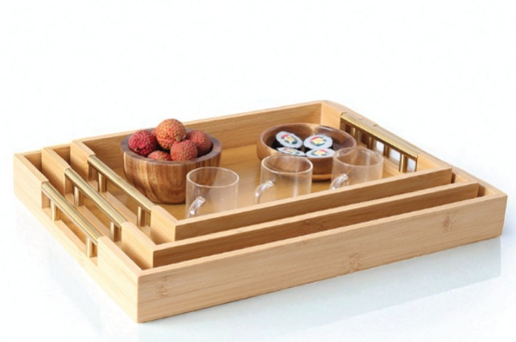 Heavy Duty bamboo Tray- Squre Shape Golden Handle-3 pcs