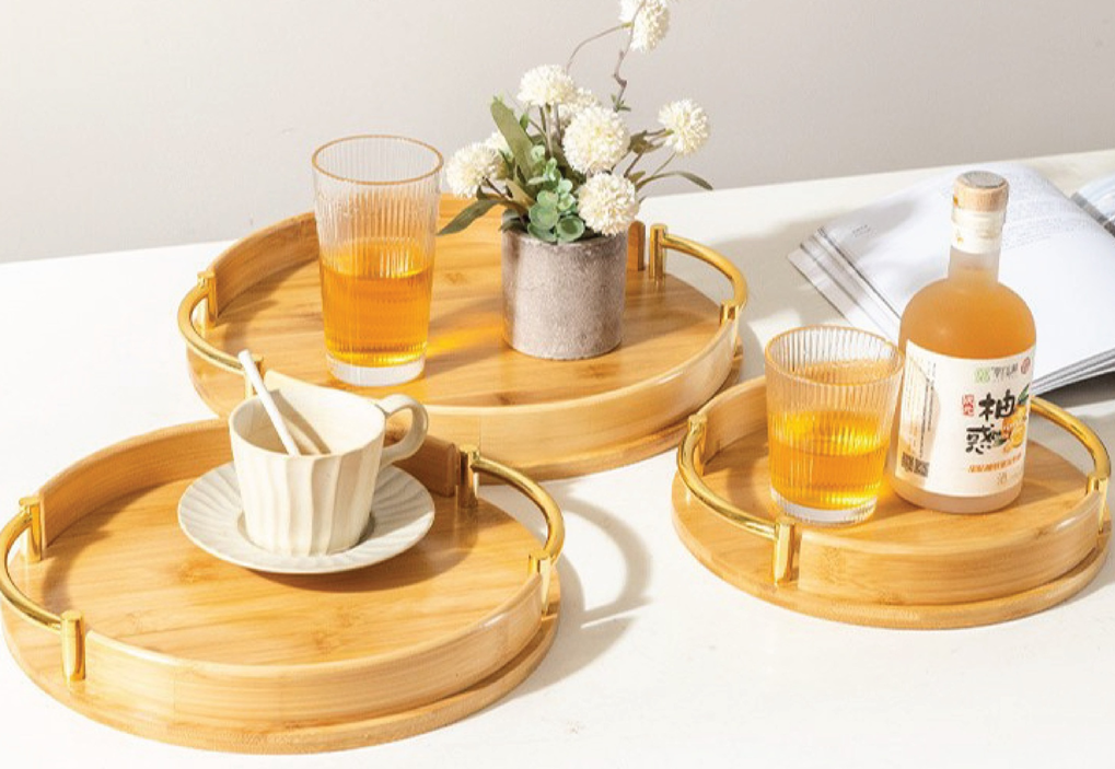 Heavy Duty bamboo Tray- Round Shape Golden Handle-3pcs