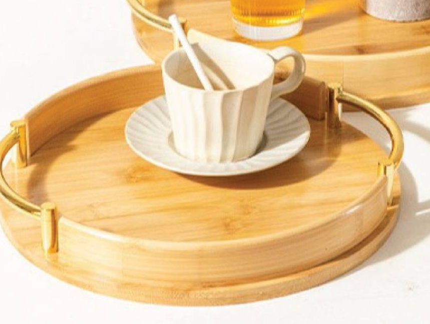 Heavy Duty bamboo Tray- Round Shape Golden Handle